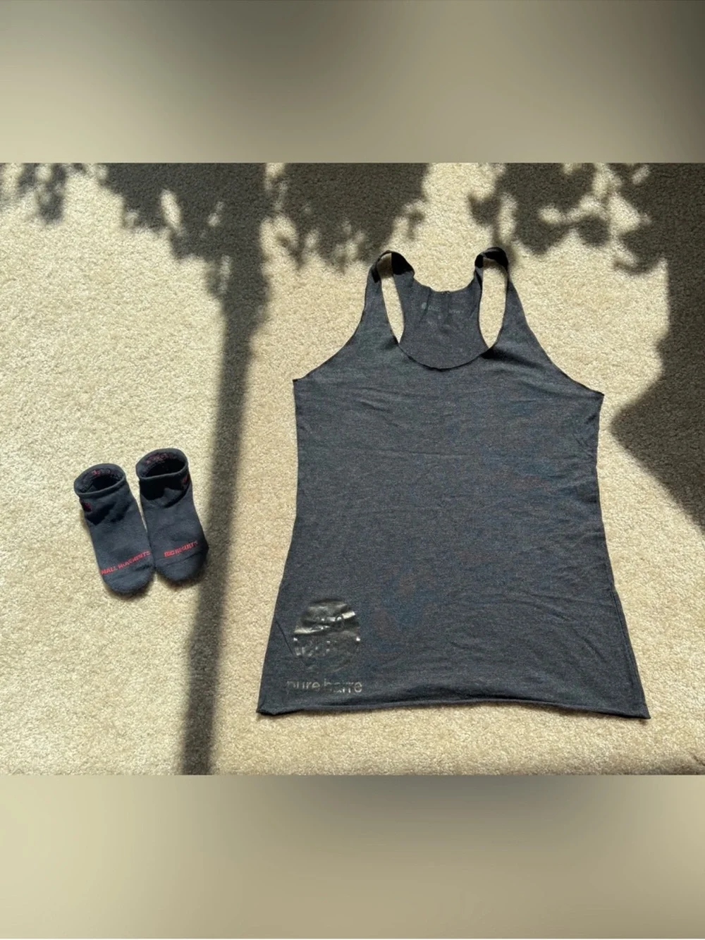 Pure Barre Dark Gray Racerback Tank Top and Black Grips for Women.